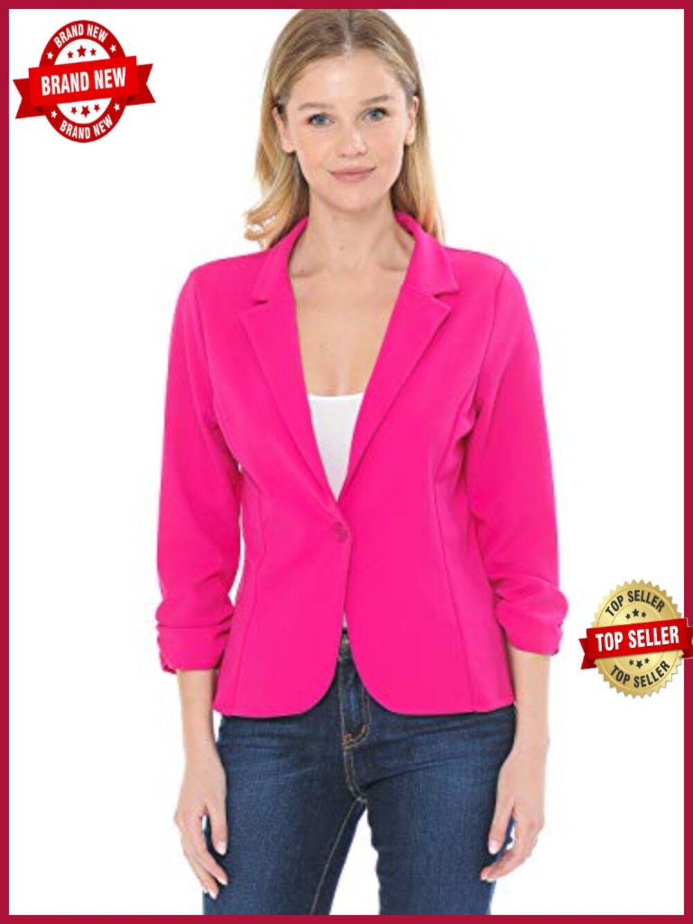 Women's 3/4 Ruched Sleeve Lightweight Knit Work Blazer Jacket